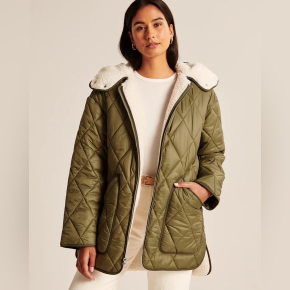 NWT Abercrombie & Fitch Olive Quilted Sherpa Liner Jacket - Picture 1 of 5